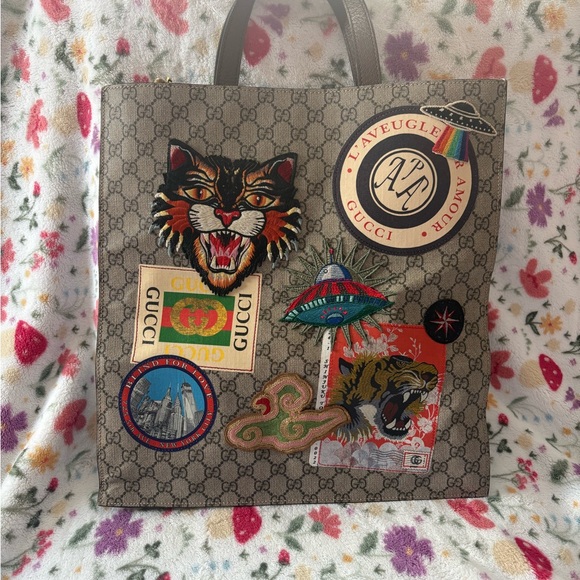 Gucci GG Supreme Patch Logo Tiger Tote Bag Brown - Picture 2 of 7